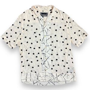 AllSaints Aleatori Shirt Mens M Cream Black Dots Relaxed Fit Hawaiian Button Up
